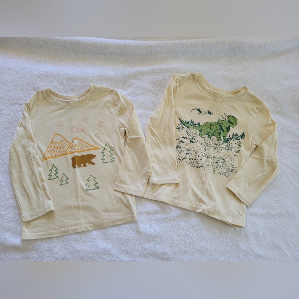 Kids Lot- 2 Cat & Jack Cream Long Sleeve Tees Bear And Dinosaur